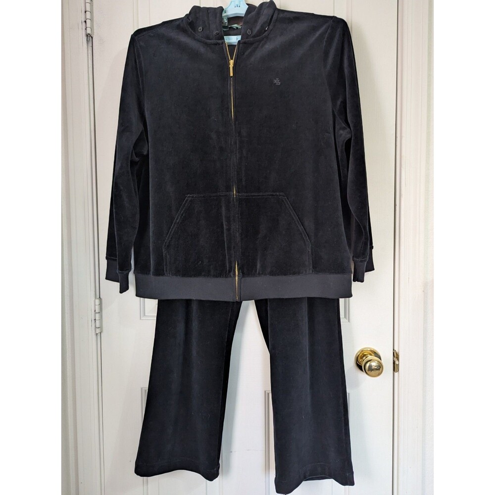 LAUREN Ralph Lauren Velour Hoodie Tracksuit Womens 2X 1X Black Logo Lounge Y2K